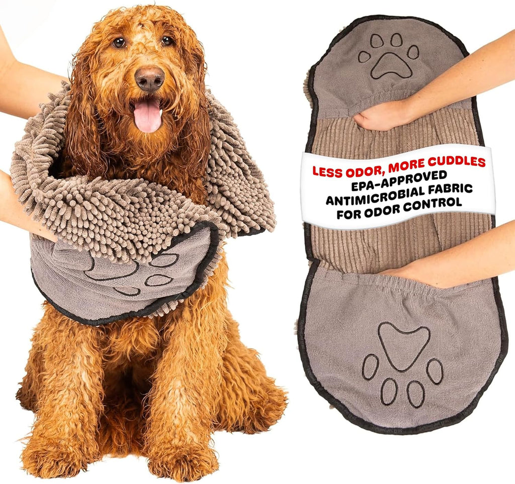 the Dirty Dog Shammy - Fast Drying Plush Shammy Towel with Dual Hand Pockets and Elastic - Super Absorbent Microfiber and Machine Washable - 31×13 In, Grey
